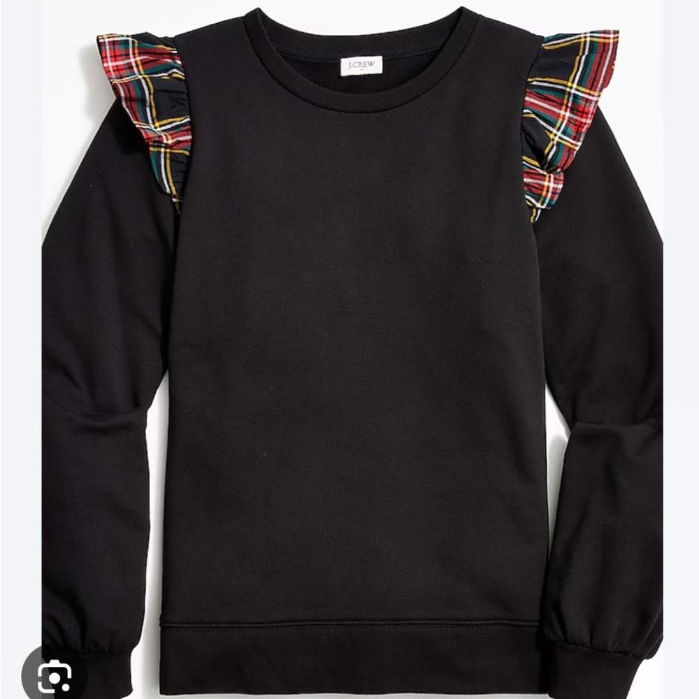 J. Crew Black Top with Colorful Plaid Ruffle Sleeves